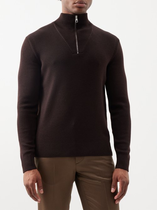 dunhill - suede-patch merino-wool high-neck sweater mens dark brown