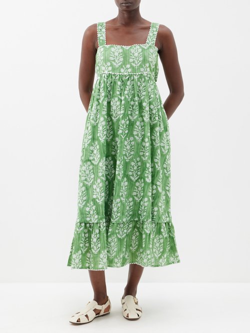 Juliet Dunn Square-neck Block-print Cotton Midi Dress