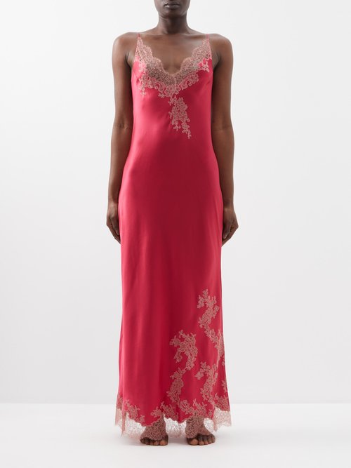 Carine Gilson - Lace-trim Silk-satin Night Gown - Womens - Fuchsia