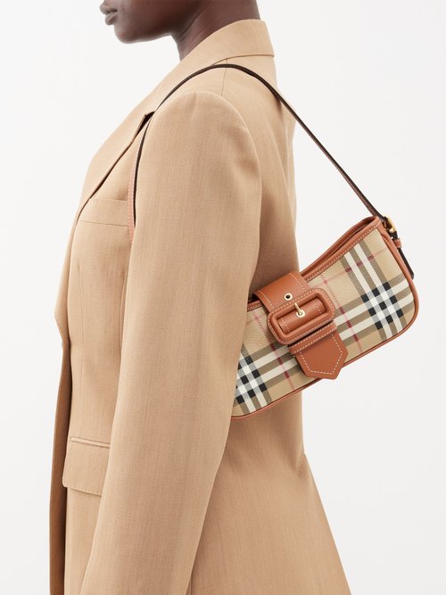 Leather-trimmed checked canvas shoulder bag