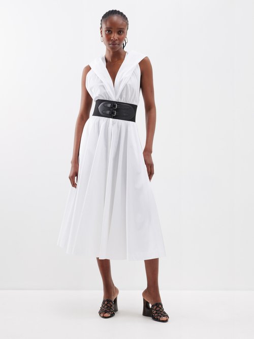 Alaïa Archetypes Belt-waist Cotton-poplin Midi Dress In White
