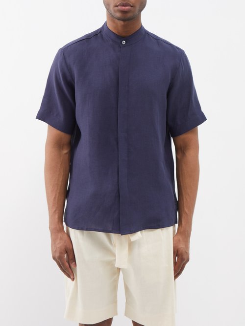 Zeus + Dione Stand-collar Linen Short-sleeve Shirt In Navy