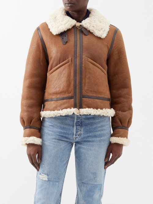 polo ralph lauren - shearling and leather aviator jacket womens brown cream