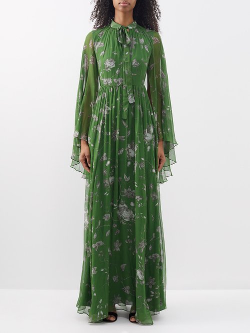 Erdem Floral Print Cape Effect Gown With Bow Neck Detail In Green