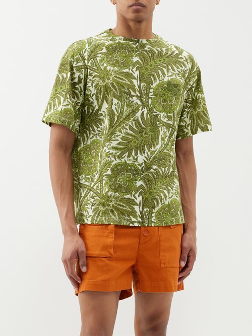 Etro Logo-embroidered Floral-print Cotton T-shirt In Green