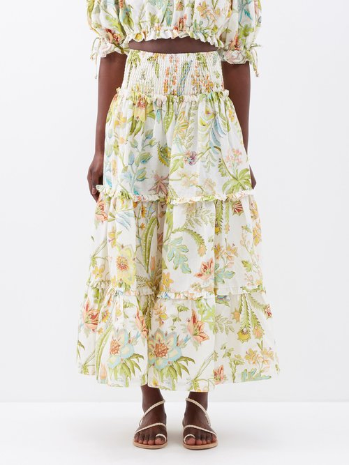 ALÉMAIS Ira Floral-print Smocked Linen Skirt