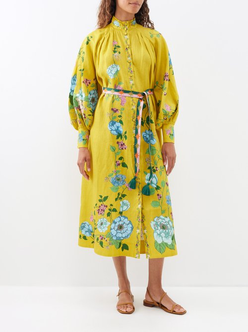 Alemais Belted Pleated Floral-print Linen Midi Dress In Yellow