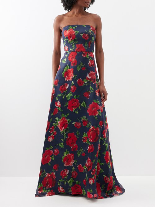 Carolina Herrera Strapless Rose-print Silk Gown