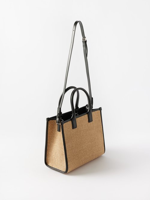 Medusa leather-trimmed embellished raffia tote