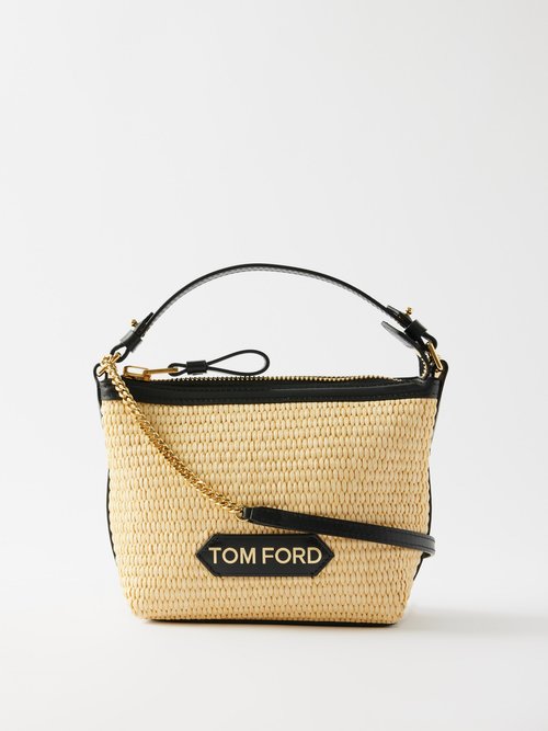 Tom Ford Logo-patch Small Faux-raffia Leather-trim Handbag In Natural