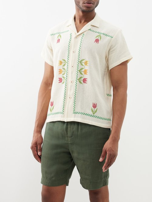 harago - floral-embroidered cotton cross-stitched shirt mens off white