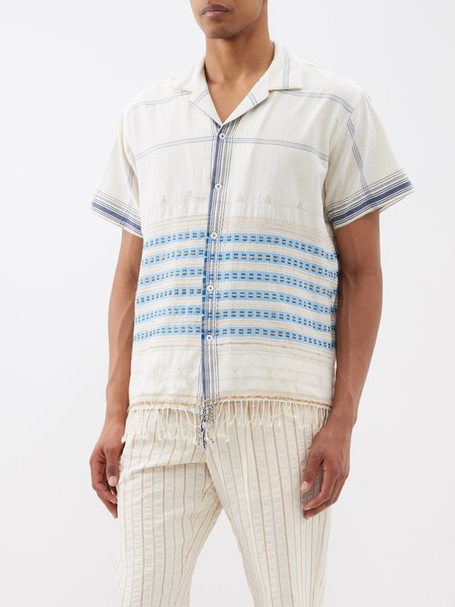 harago - tasseled-hem striped cotton short-sleeved shirt mens white multi