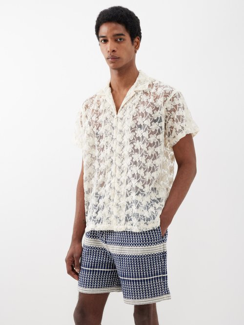 harago - floral-embroidered cotton-mesh shirt mens white
