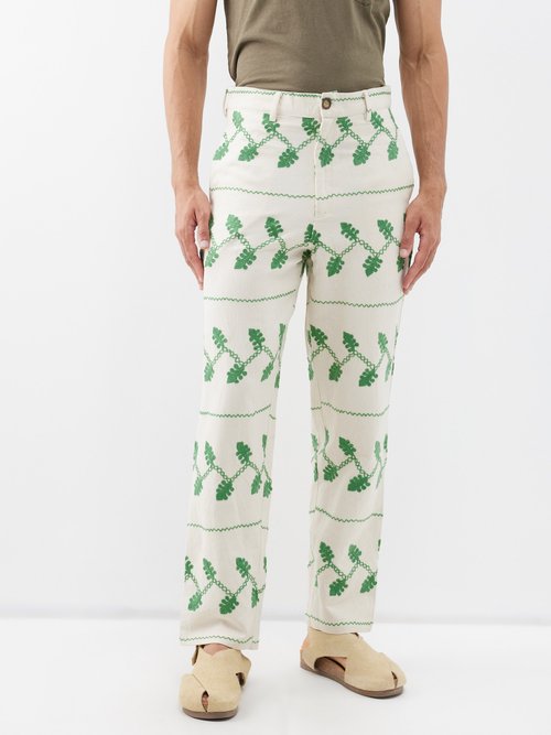 harago - suzani-embroidered cotton-canvas trousers mens white green