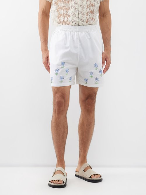 harago - floral-embroidered cotton shorts mens off white