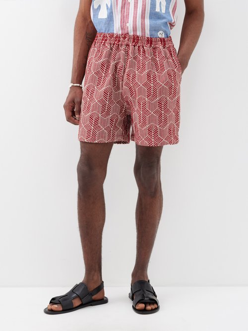harago - cube-jacquard cotton shorts mens red cream