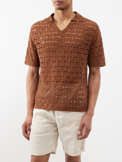 commas - floral-crochet cotton polo shirt mens brown
