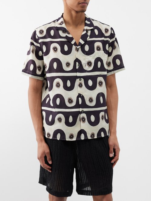 commas - wave-print cotton-blend shirt mens black beige