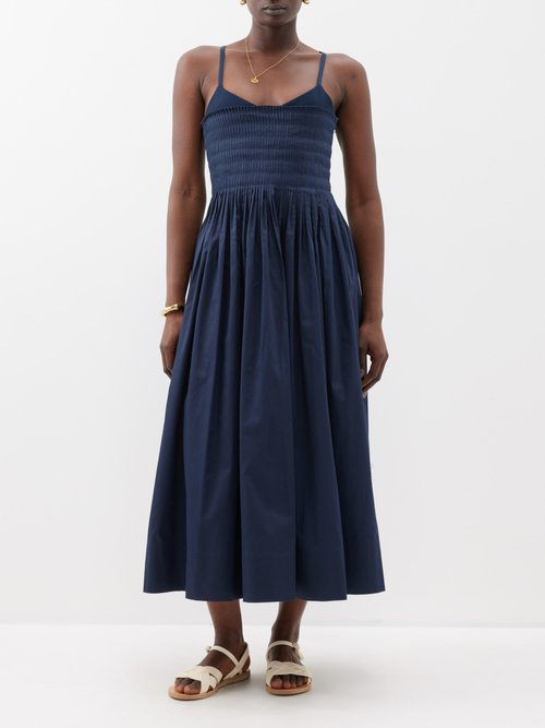 La Ligne Smocked-bodice Cotton-poplin Dress In Blue