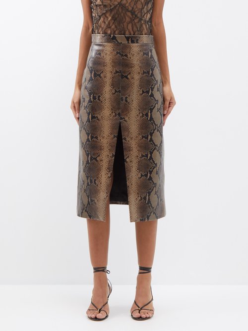 Khaite Fraser Python-embossed Leather Skirt In Brown