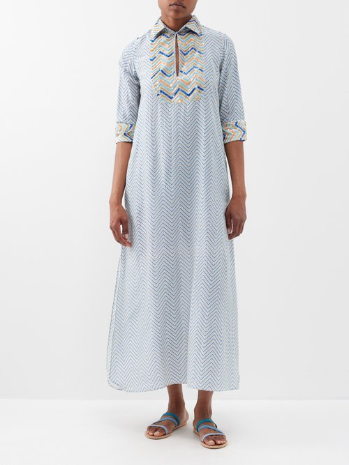 Thierry Colson Angelica Embroidered Cotton-blend Kaftan Dress In Blue Multi