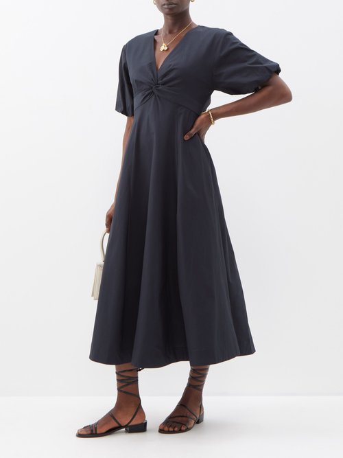 Staud Finley Puff-sleeve Midi Dress In Black | ModeSens