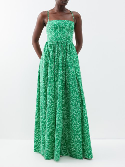 Staud – Courtney Palm Leaf-print Cotton Maxi Dress – Womens – Green White