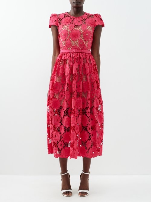 Self-portrait – Poppy Floral-embroidered Cotton-lace Dress – Womens – Red