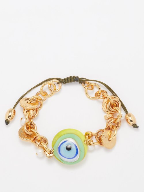 Tohum – Evil Eye Charm, Pearl & 24kt Gold-plated Bracelet – Womens – Green Gold