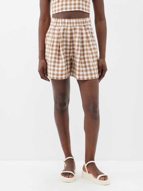 asceno - zurich check-linen shorts womens brown beige