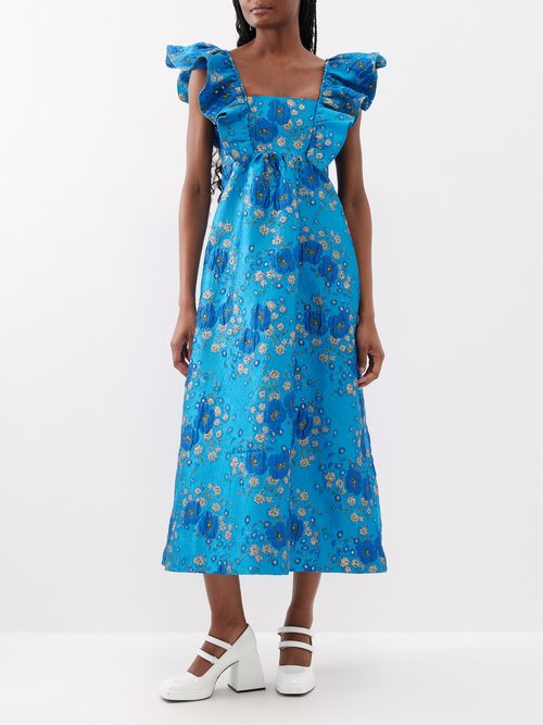 Ganni – Floral-jacquard Recycled-blend Midi Dress – Womens – Bright Blue