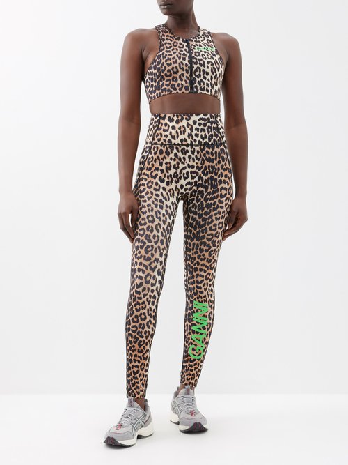 GANNI Leopard-print Zipped Recycled-blend Sports Bra