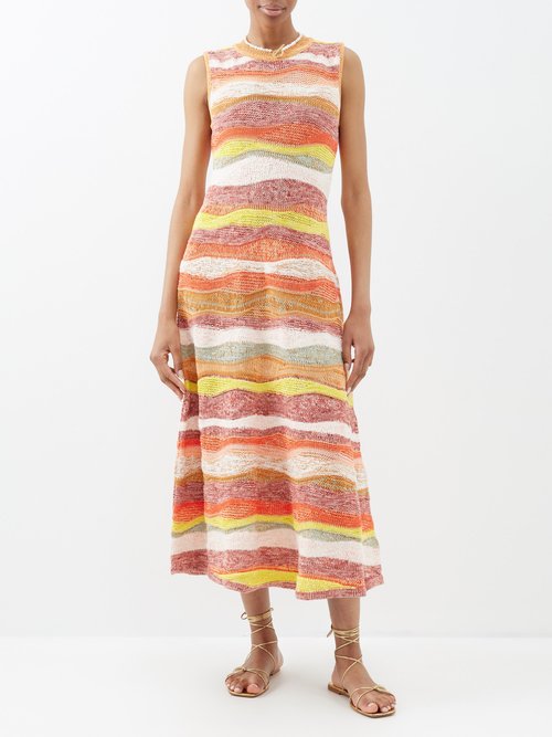 Ulla Johnson – Gaia Wave-pattern Knitted Cotton-blend Midi Dress – Womens – Orange Multi