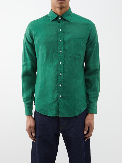 Drake's - Spread-collar Linen Shirt - Mens - Green