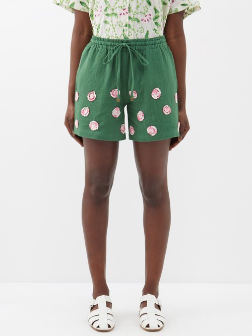 harago - floral-appliqué cotton shorts womens green pink