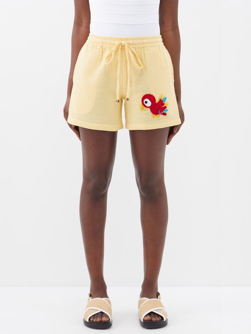 harago - woodpecker-appliqué crochet cotton shorts womens yellow