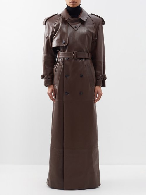 Saint Laurent - Belted Leather Trench Coat - Womens - Brown