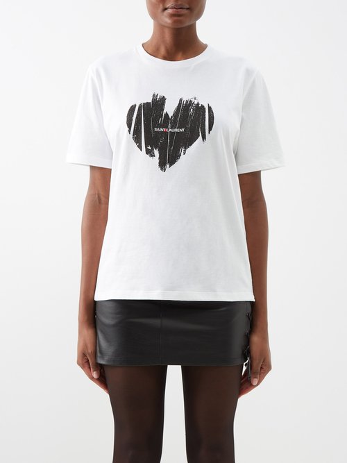Saint Laurent - Heart-print Cotton-jersey T-shirt - Womens - White