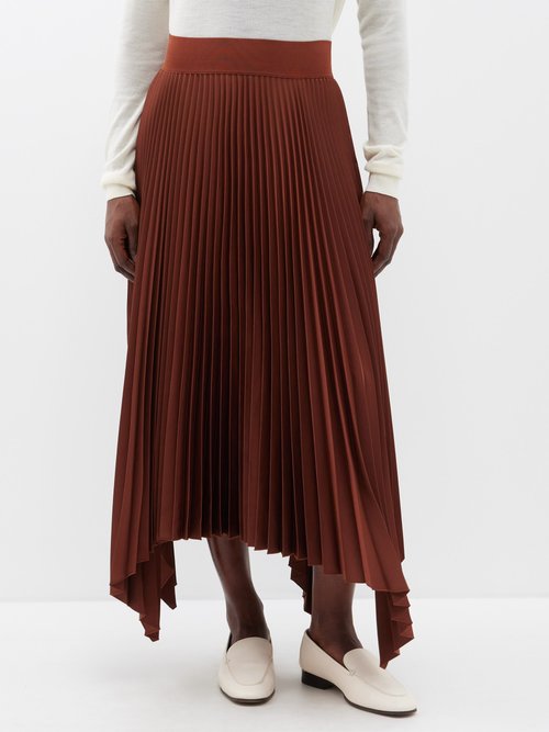 Pleated Asymmetric-hem Wool-blend Midi Skirt In Mauve