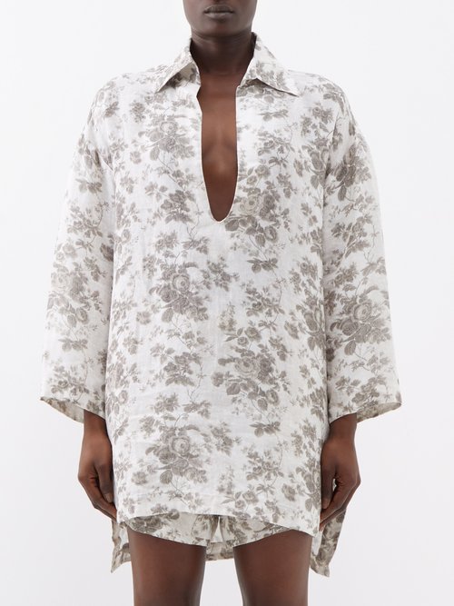 by walid - elise rose-print linen top womens grey