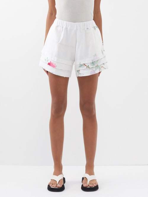 by walid - sienna tiered-hem linen shorts womens white