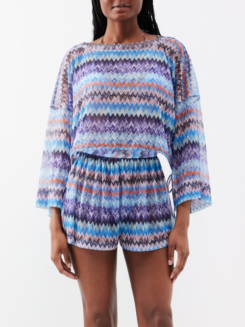 Zigzag Dropped-shoulder Crochet-knit Top