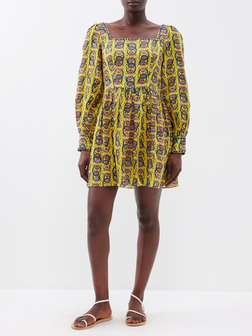 muzungu sisters - anna square-neck abstract-print linen dress womens yellow print