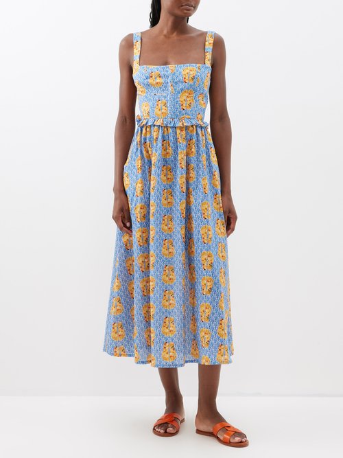 muzungu sisters - lana square-neck printed cotton midi dress womens blue print