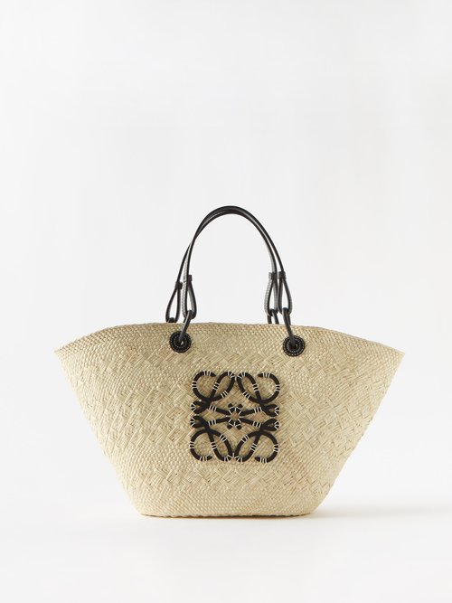 Beige Anagram small leather-trimmed woven basket bag
