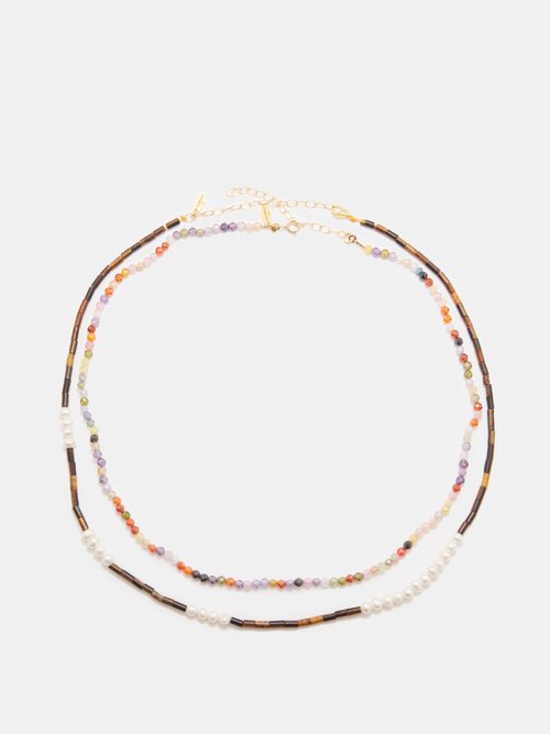 Hermina Athens Set Of Two Beaded Gold-vermeil Necklaces In Multi