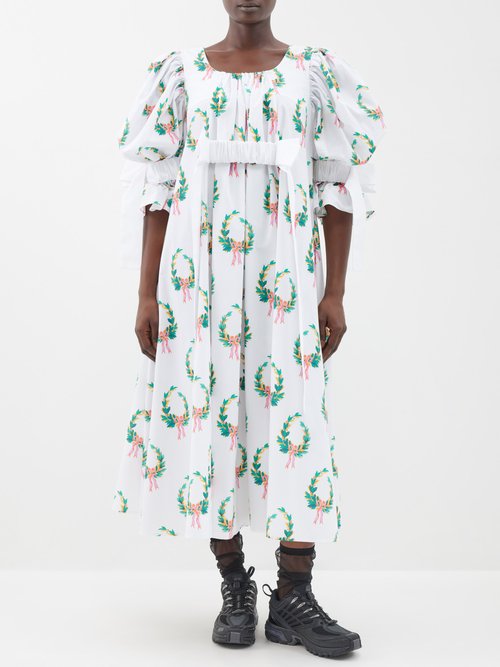 chopova lowena - slope wreath-print organic-cotton midi dress womens white multi