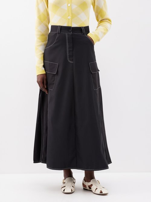 Lovebirds Topstitched Cargo-pocket Maxi Skirt In Black And White