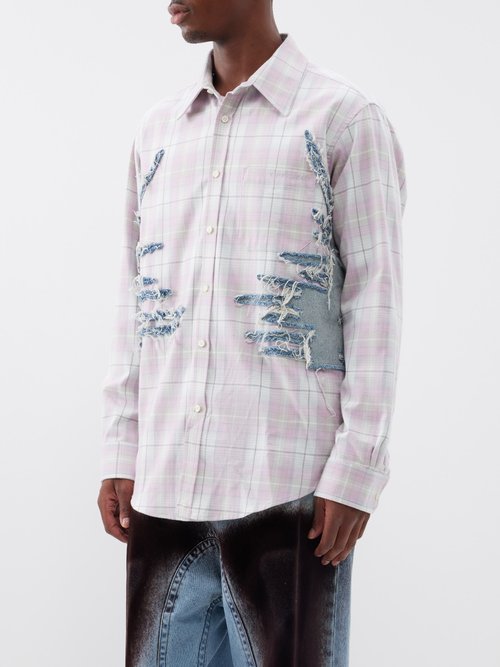 y/project - whisker distressed-denim flannel shirt mens pink grey