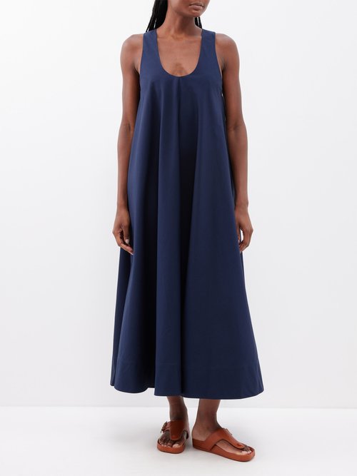 co - scoop-neck silk and cotton-blend midi dress womens navy